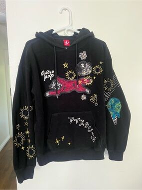 Icecream Black Hoodie with Red Tiger and Multicolor Crystal Embellishments